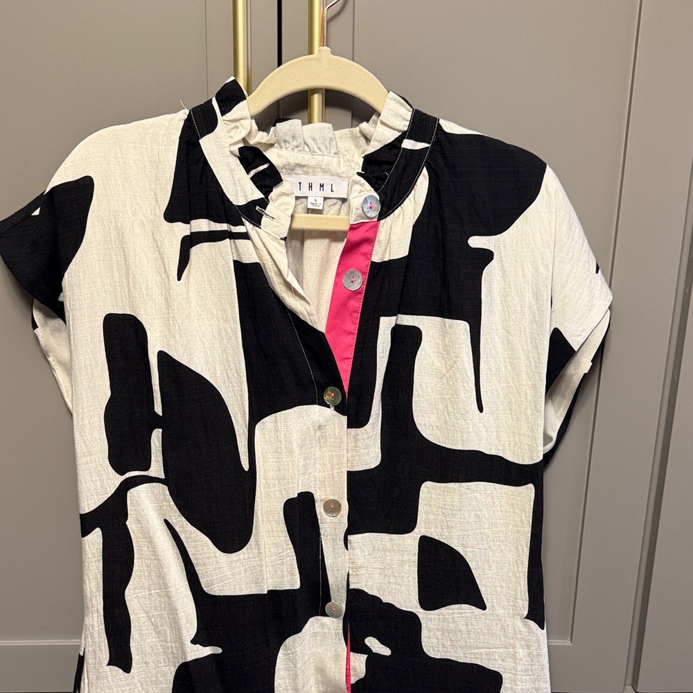 THML Black and White Graphic Mini Dress with Pink Accent
